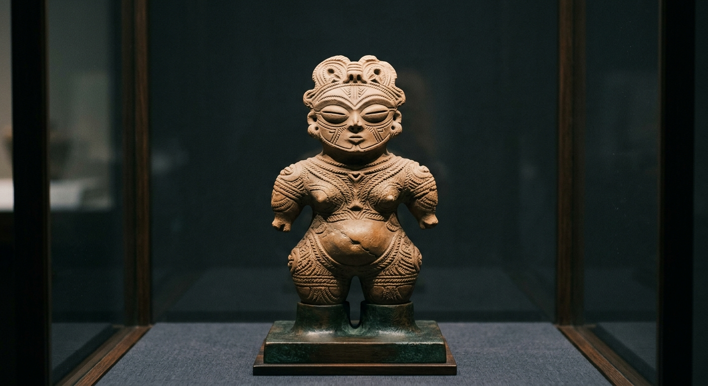 Figura dogū del Jōmon con marcas faciales en una vitrina de museo, tatuajes mágicos del Japón prehistórico