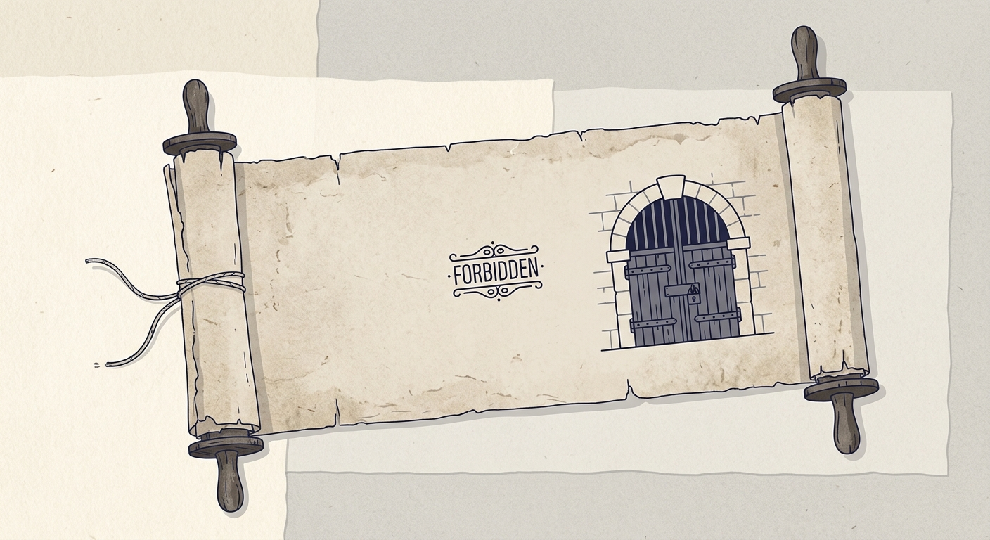 Ilustración minimalista de un pergamino con una marca y una puerta cerrada, cuando el tatuaje se volvió castigo