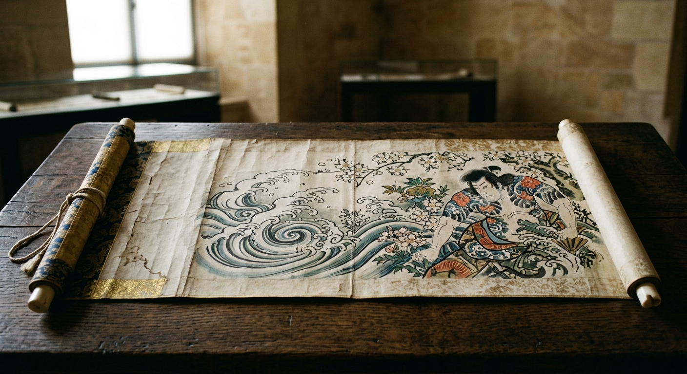 Pergamino medieval japonés mostrando motivos decorativos pintados a mano, del castigo al adorno