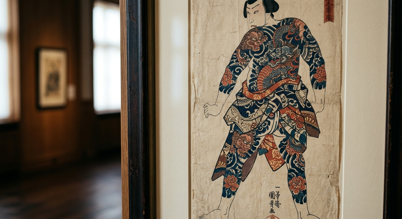 Grabado ukiyo-e de la era Edo con figura tatuada como obra de arte, la edad de oro del irezumi