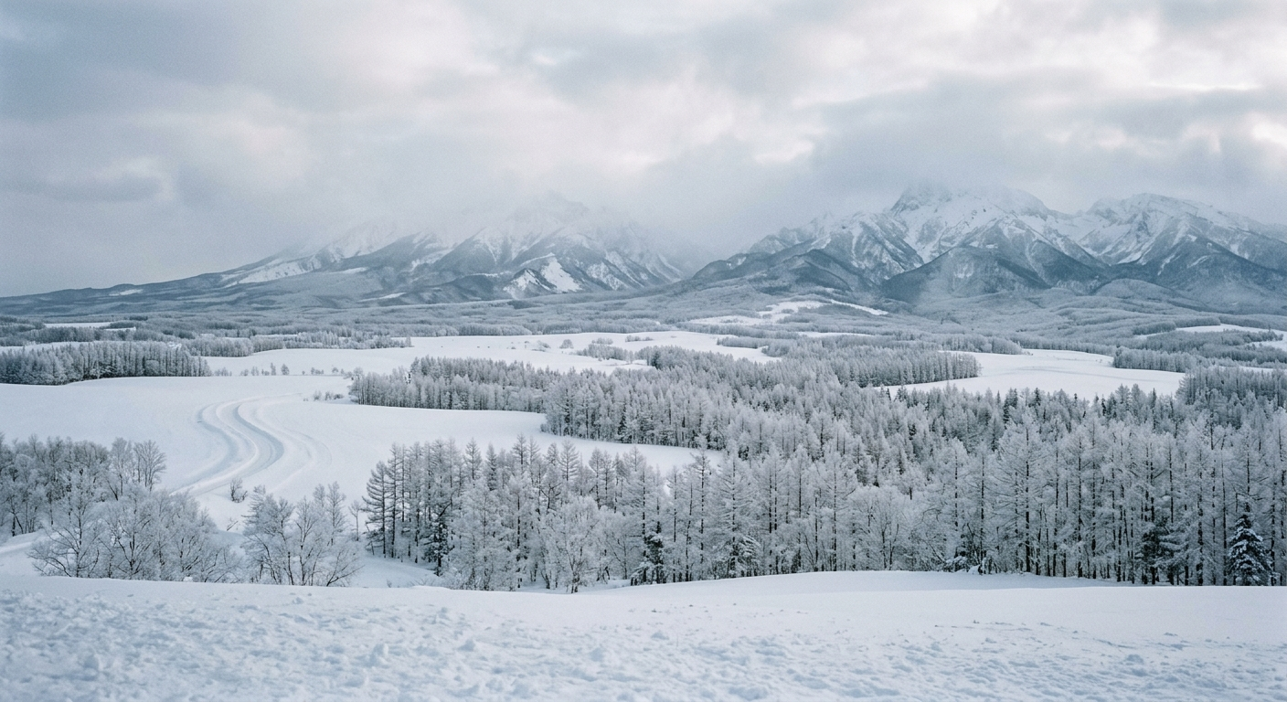 Vasto paisaje invernal de Hokkaidō con campos nevados y árboles helados, una isla de extremos