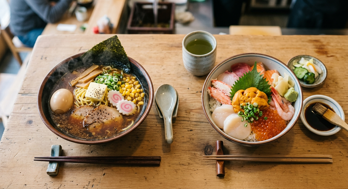 Ramen de miso y bol de mariscos fresca de Hokkaidō sobre una mesa, el paraíso gastronómico del norte