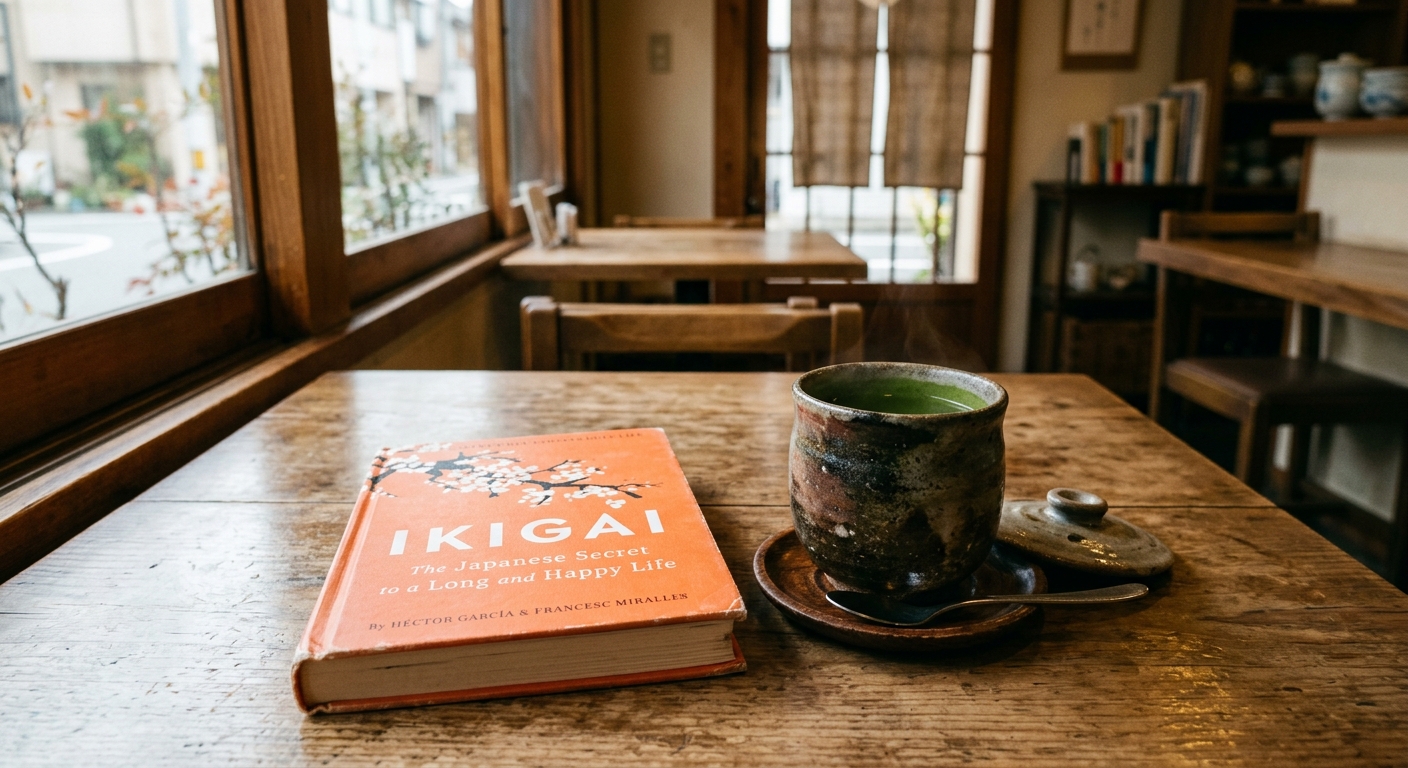 Libro de autoayuda Ikigai en inglés junto a taza de té japonesa auténtica en café