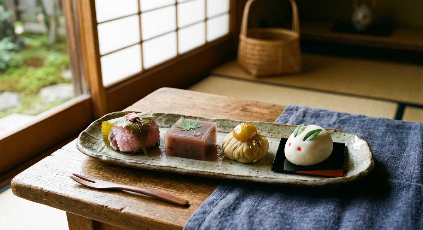 Cuatro wagashi estacionales en fila representando las estaciones del año