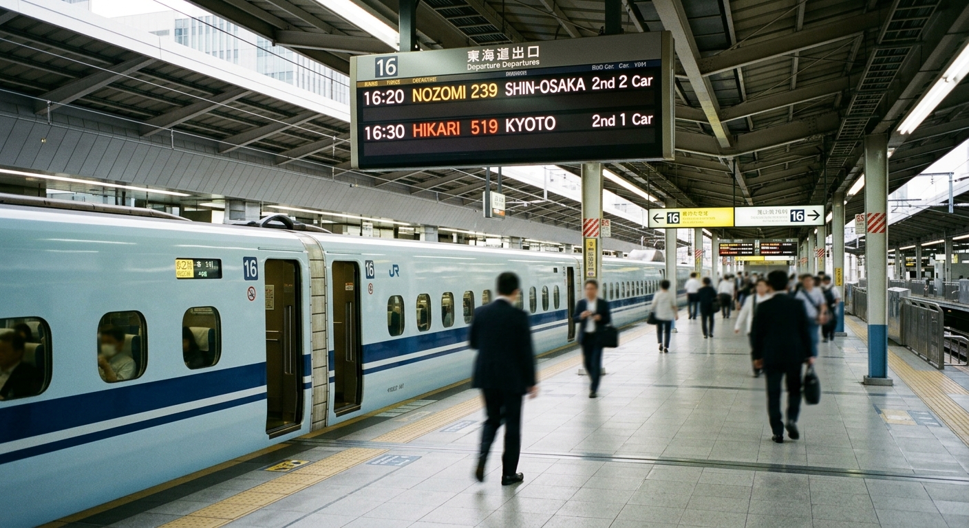 Plataforma del shinkansen en Tokyo Station con tren bala y tablero de salidas