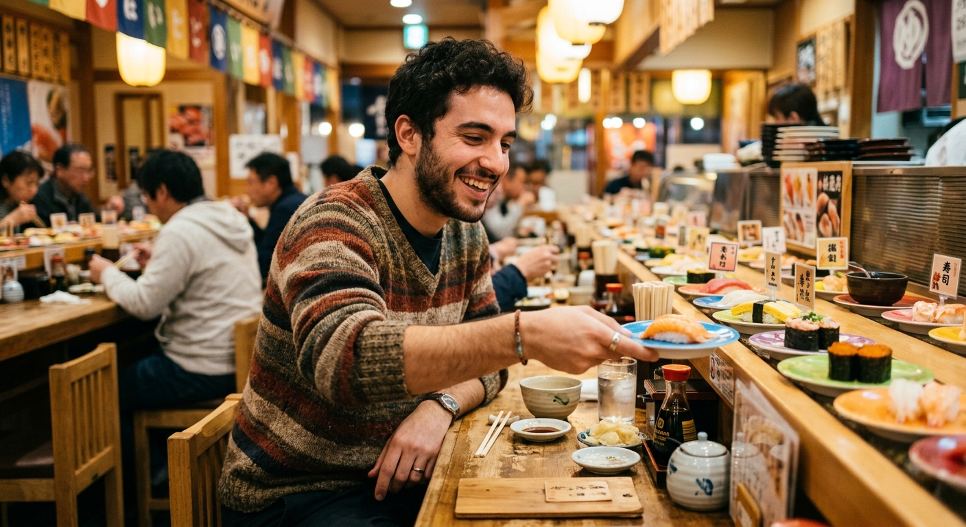 Joven castellano eligiendo platos de sushi en un restaurante de kaiten-zushi
