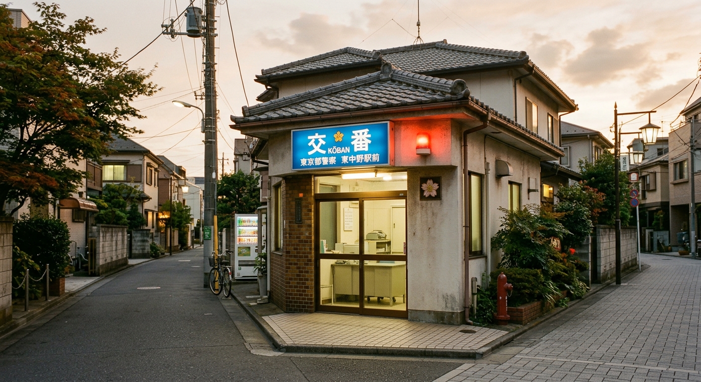 Exterior de un koban japonés con letrero azul y lámpara roja al atardecer