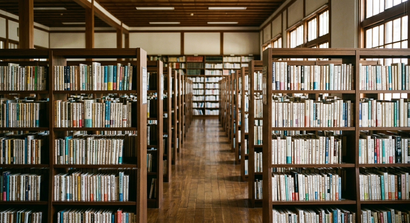 Estanterías profundas de biblioteca japonesa con libros organizados en filas