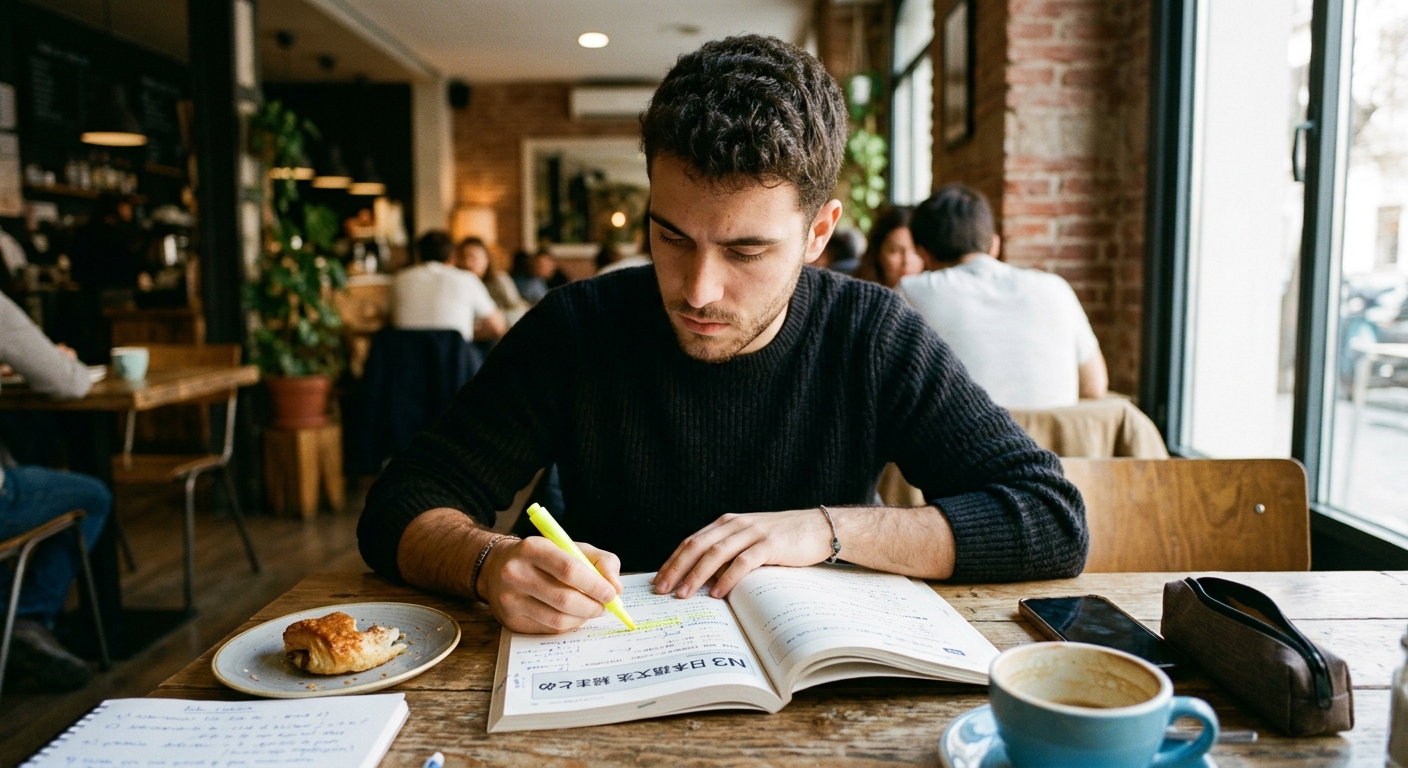 Joven castellano en café moderno estudiando gramática N3 con marcador