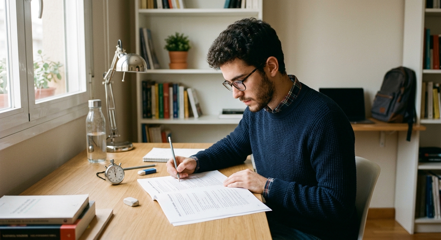 Joven castellano resolviendo examen de práctica con cronómetro en sala de estudio