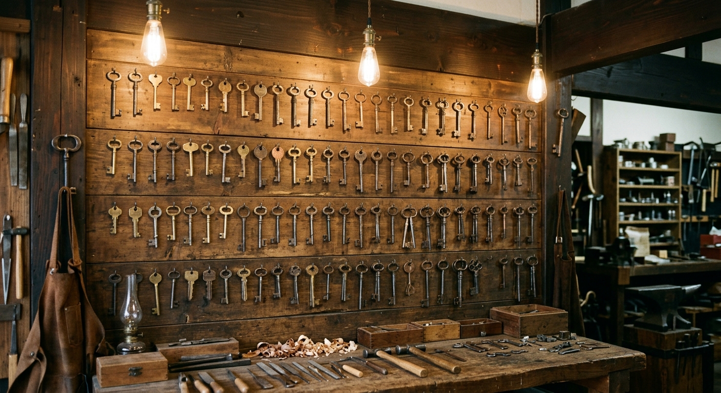 Taller de cerrajero japonés con llaves antiguas de diferentes formas en la pared