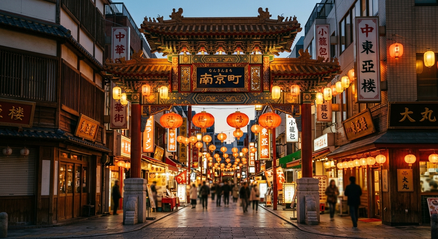Puerta de entrada al barrio chino de Kobe con elementos culturales japoneses y chinos