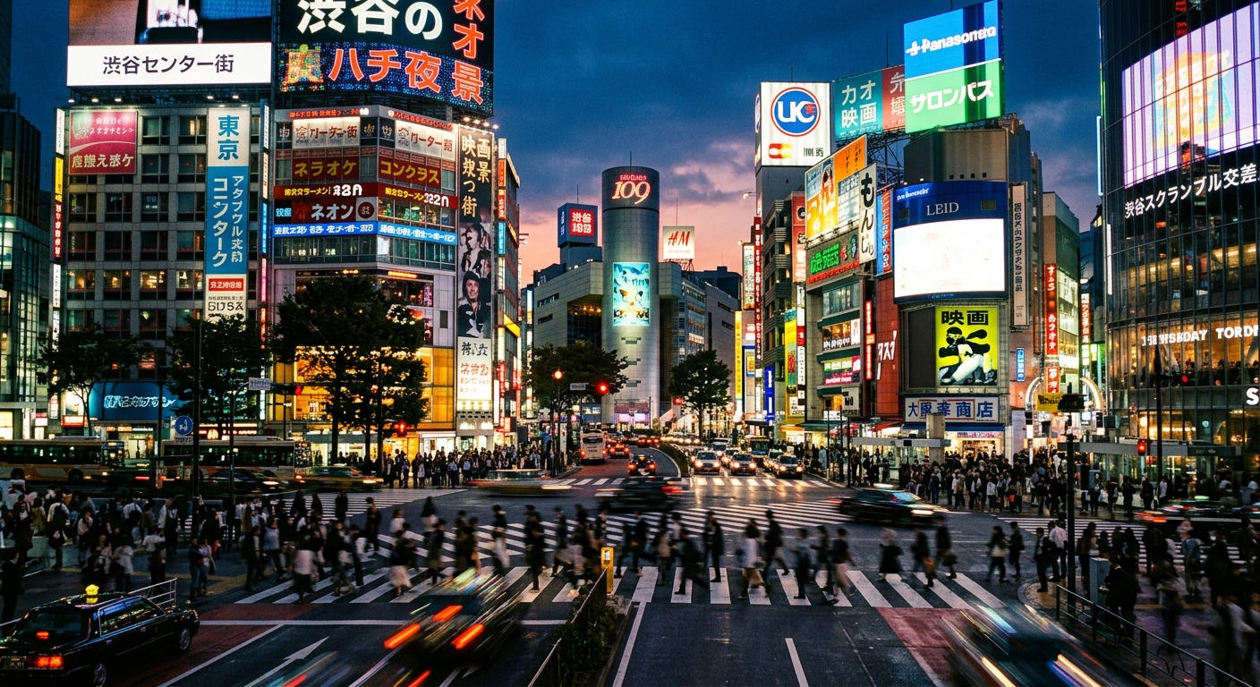 Pantallas digitales con kanji brillando en el cruce de Shibuya al atardecer