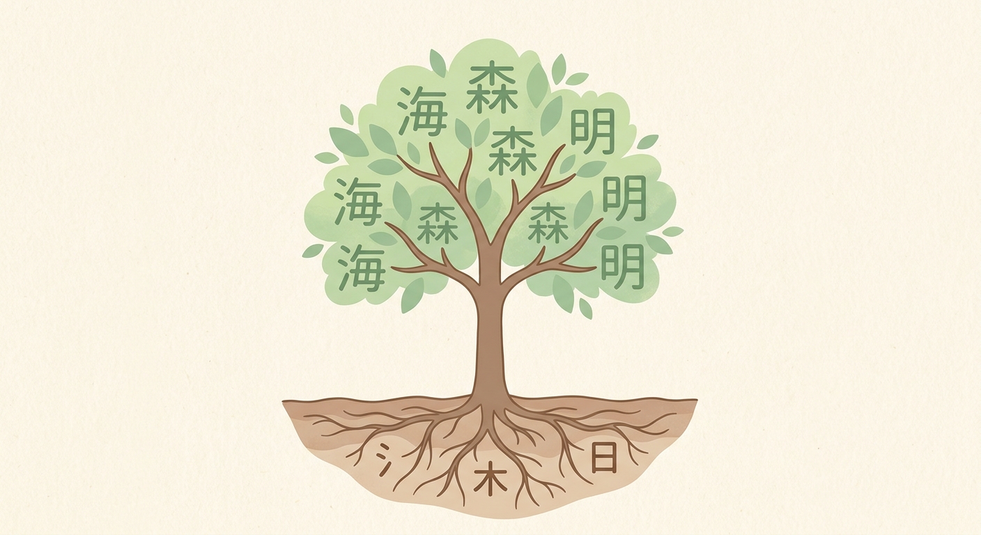 Ilustración de un árbol con radicales japoneses como raíces y kanji como frutos