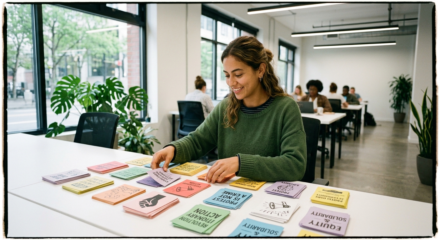 Joven castellana organizando tarjetas de radicales en un espacio de coworking moderno