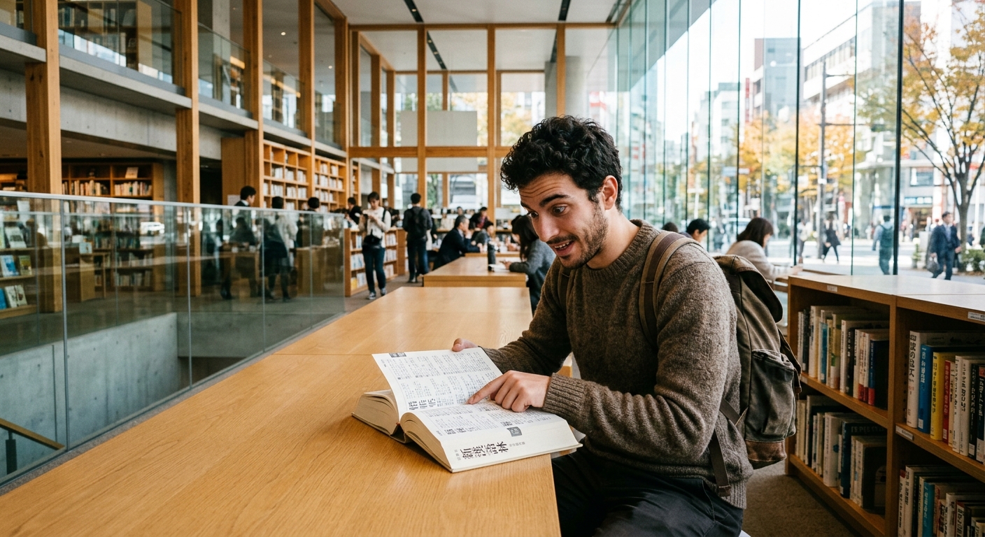 Joven castellano descubriendo algo en un diccionario de kanji en una biblioteca moderna