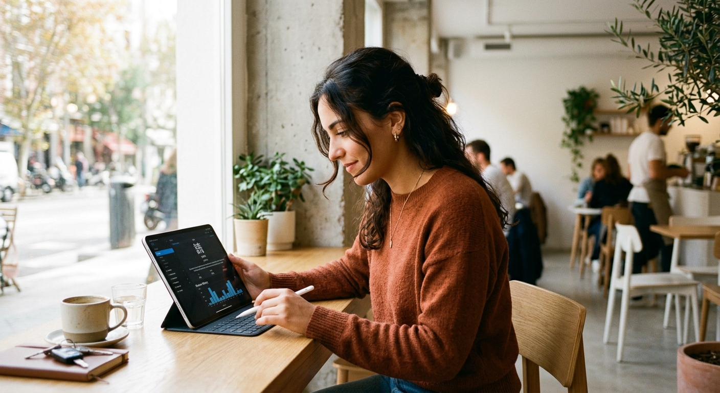 Joven castellana usando app de repetición espaciada en tablet en un café moderno
