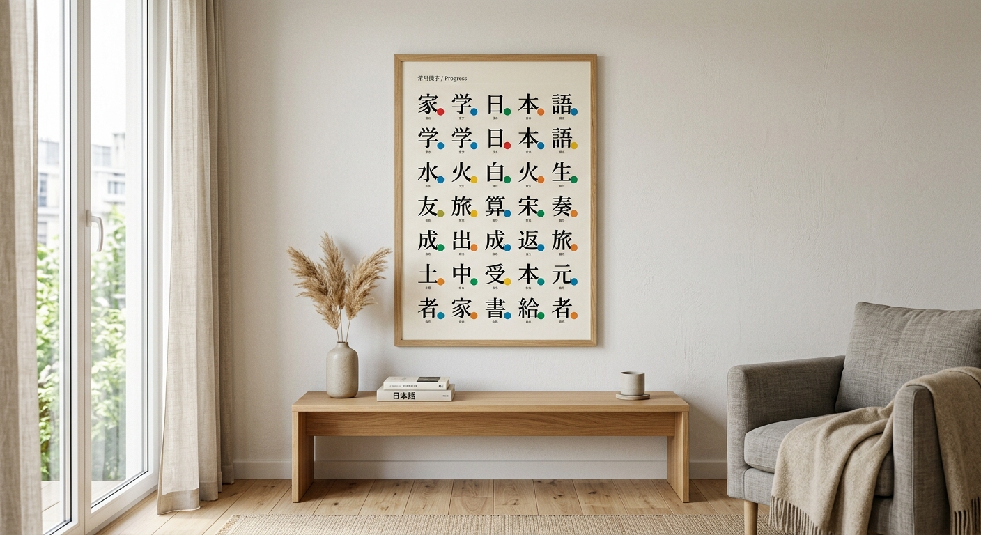 Póster de kanji en pared de apartamento minimalista con stickers de progreso