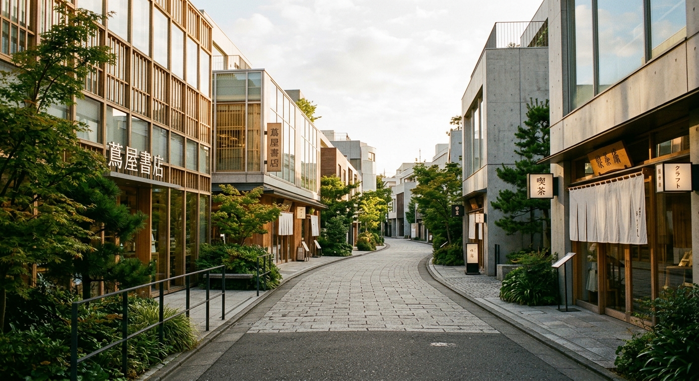 Calle elegante de Daikanyama con arquitectura moderna y carteles con kanji