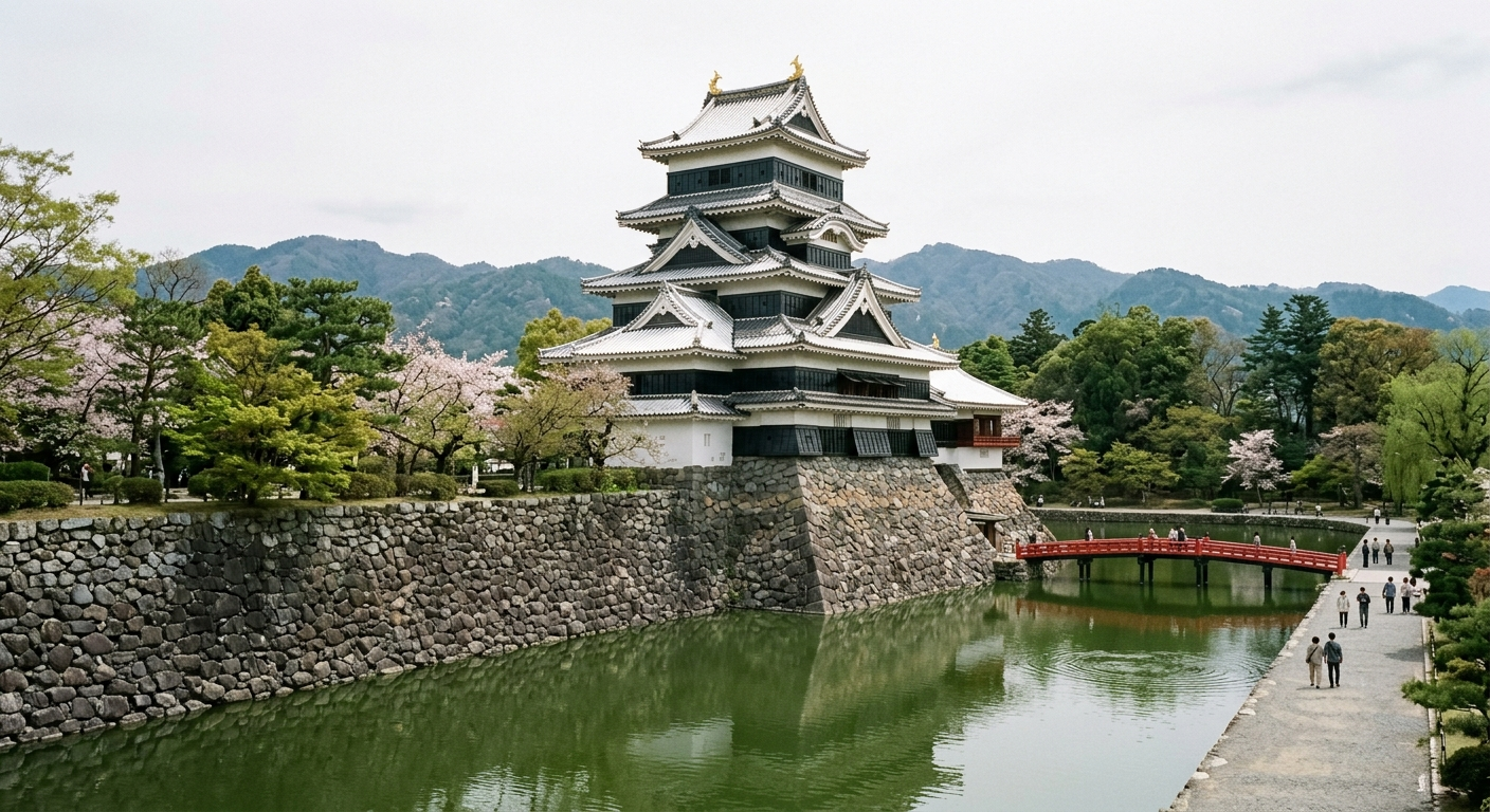 Castillo histórico japonés con torre del homenaje y foso, mil años de rivalidad este-oeste