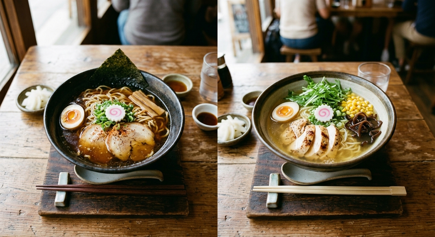 Dos boles de fideos japoneses con caldos oscuro y claro lado a lado, comida: el sabor de dos mundos