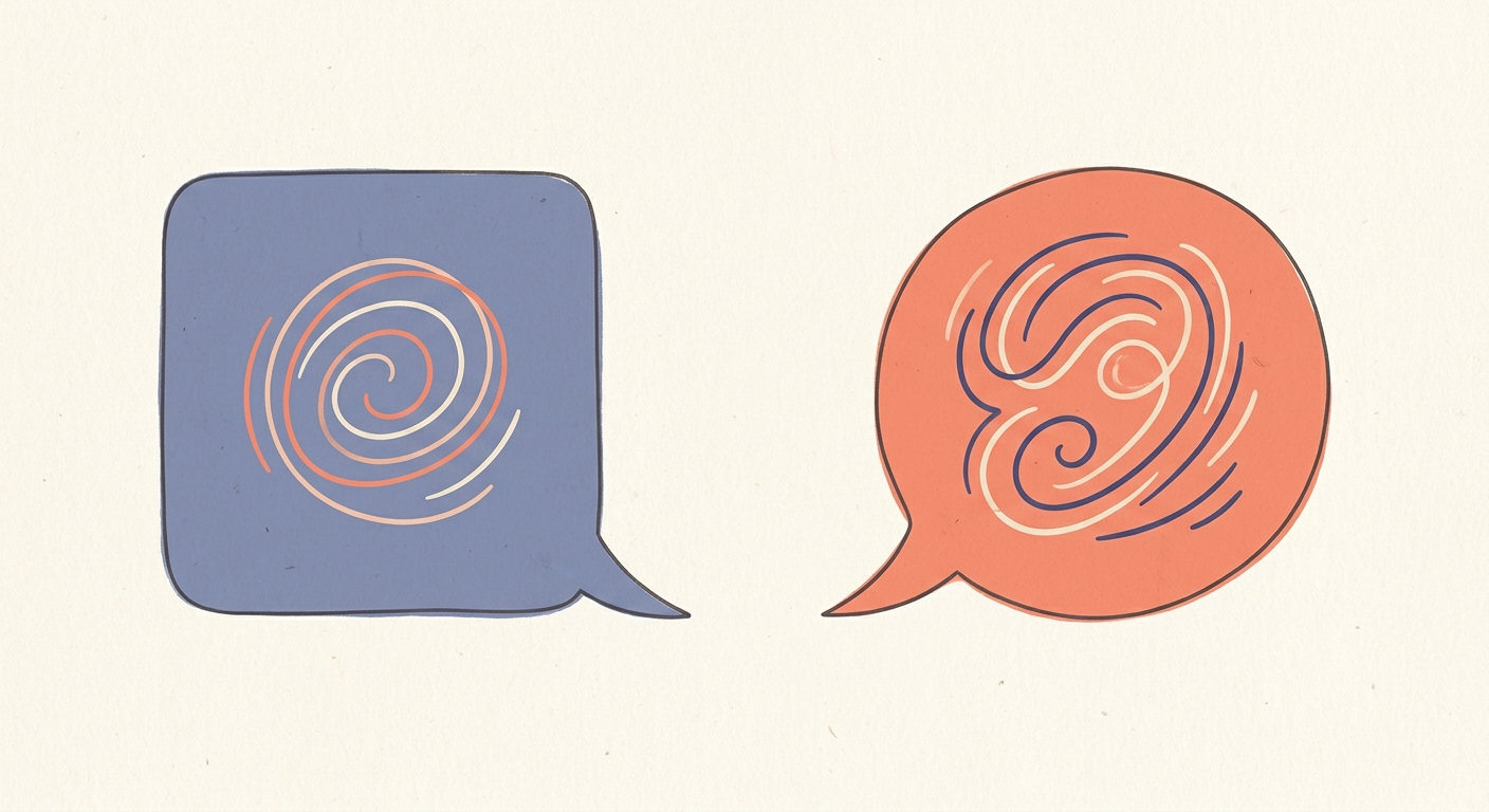 Ilustración minimalista de dos burbujas de diálogo enfrentadas, japonés estándar vs Kansai-ben