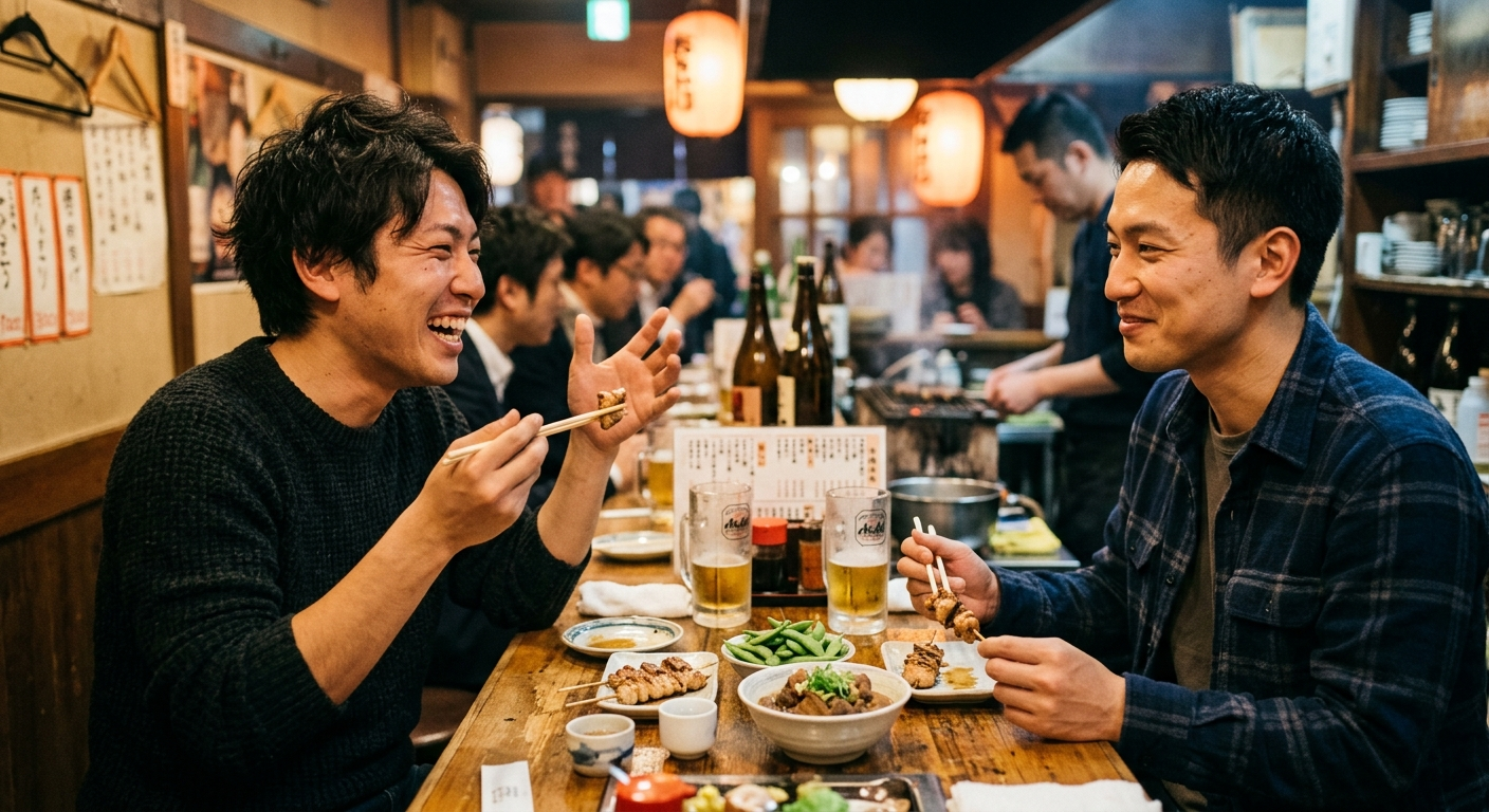 Dos amigos japoneses conversando en una taberna izakaya con caracteres distintos, Edokko vs Kansai-jin