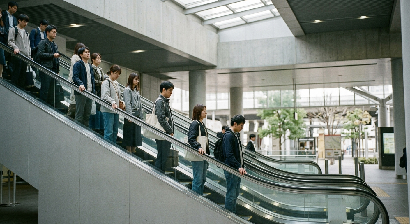 Personas en una escalera mecánica de estación japonesa formando una sola fila, diferencias cotidianas