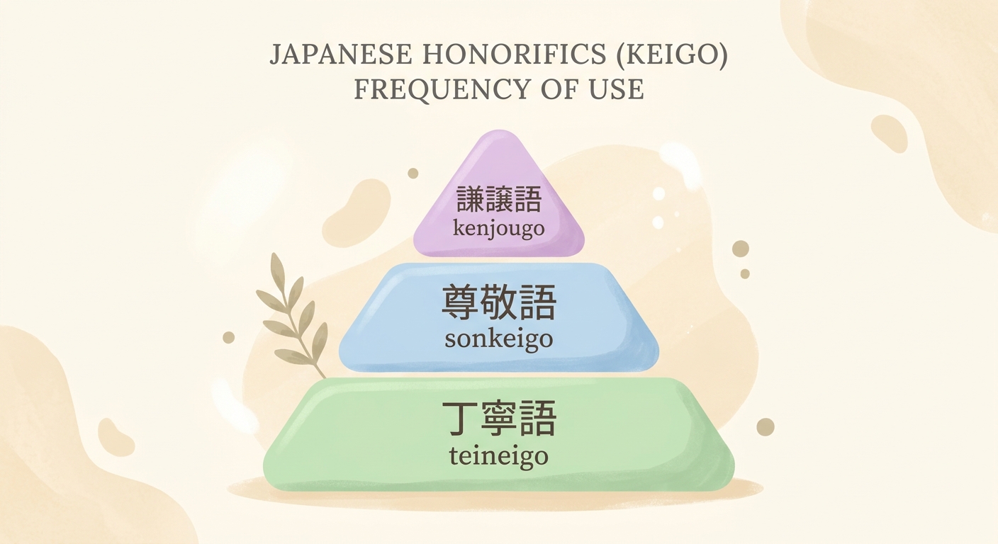 Ilustración de pirámide de tres niveles representando teineigo, sonkeigo y kenjougo