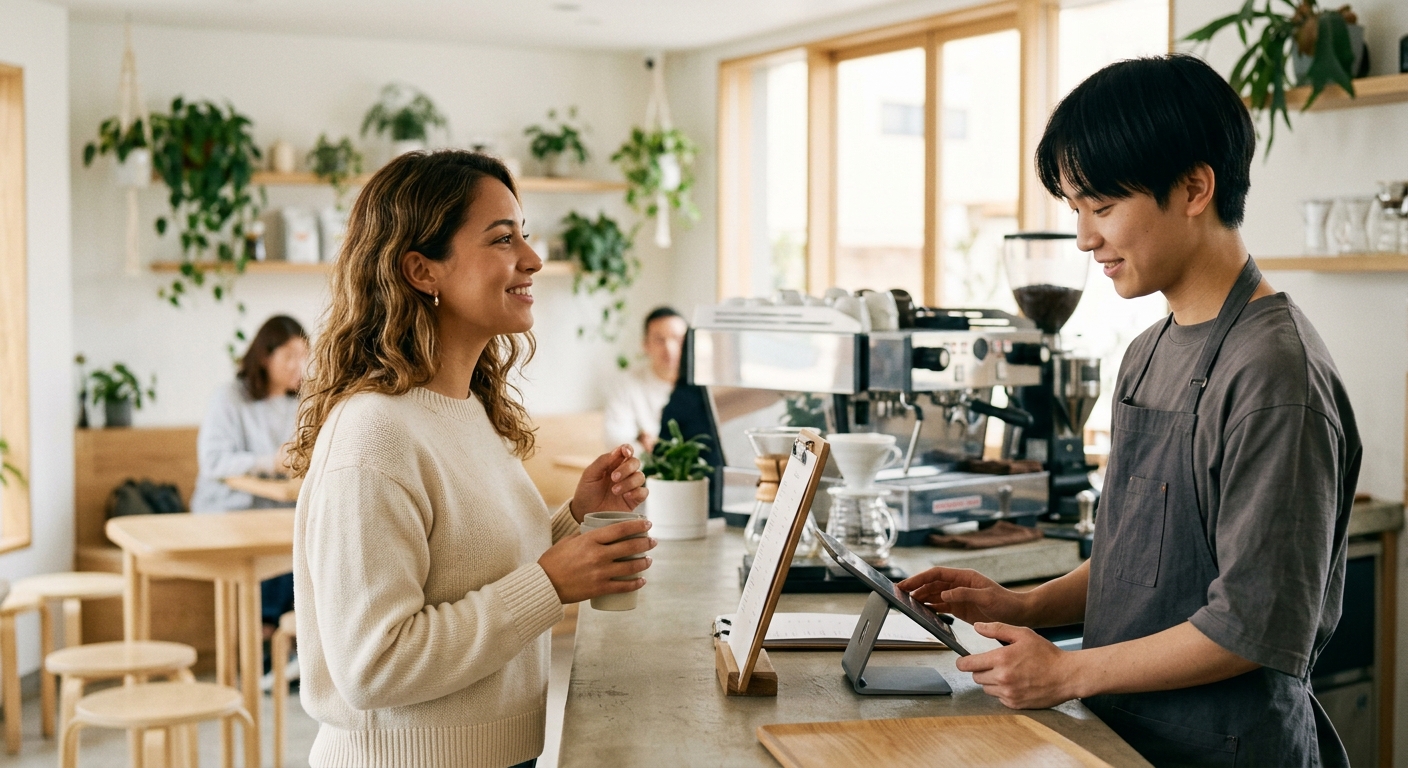 Joven castellana pidiendo amablemente en una cafetería japonesa moderna
