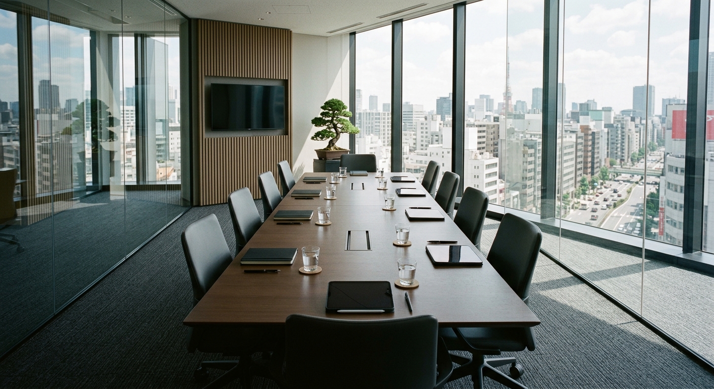 Sala de reuniones moderna de oficina japonesa preparada para una reunión de negocios
