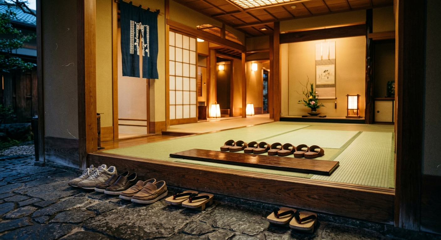 Entrada genkan de un ryokan japonés mostrando el umbral entre exterior e interior