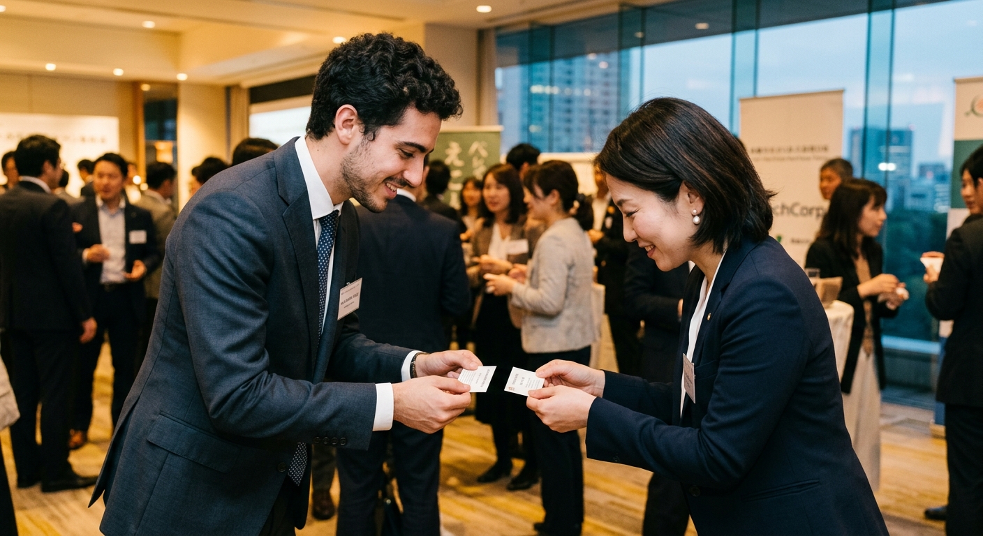 Joven castellano intercambiando tarjetas de visita con ambas manos en un evento de networking