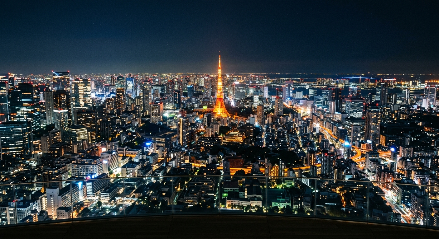 Panorámica nocturna de Tokio desde Roppongi Hills con Tokyo Tower brillando