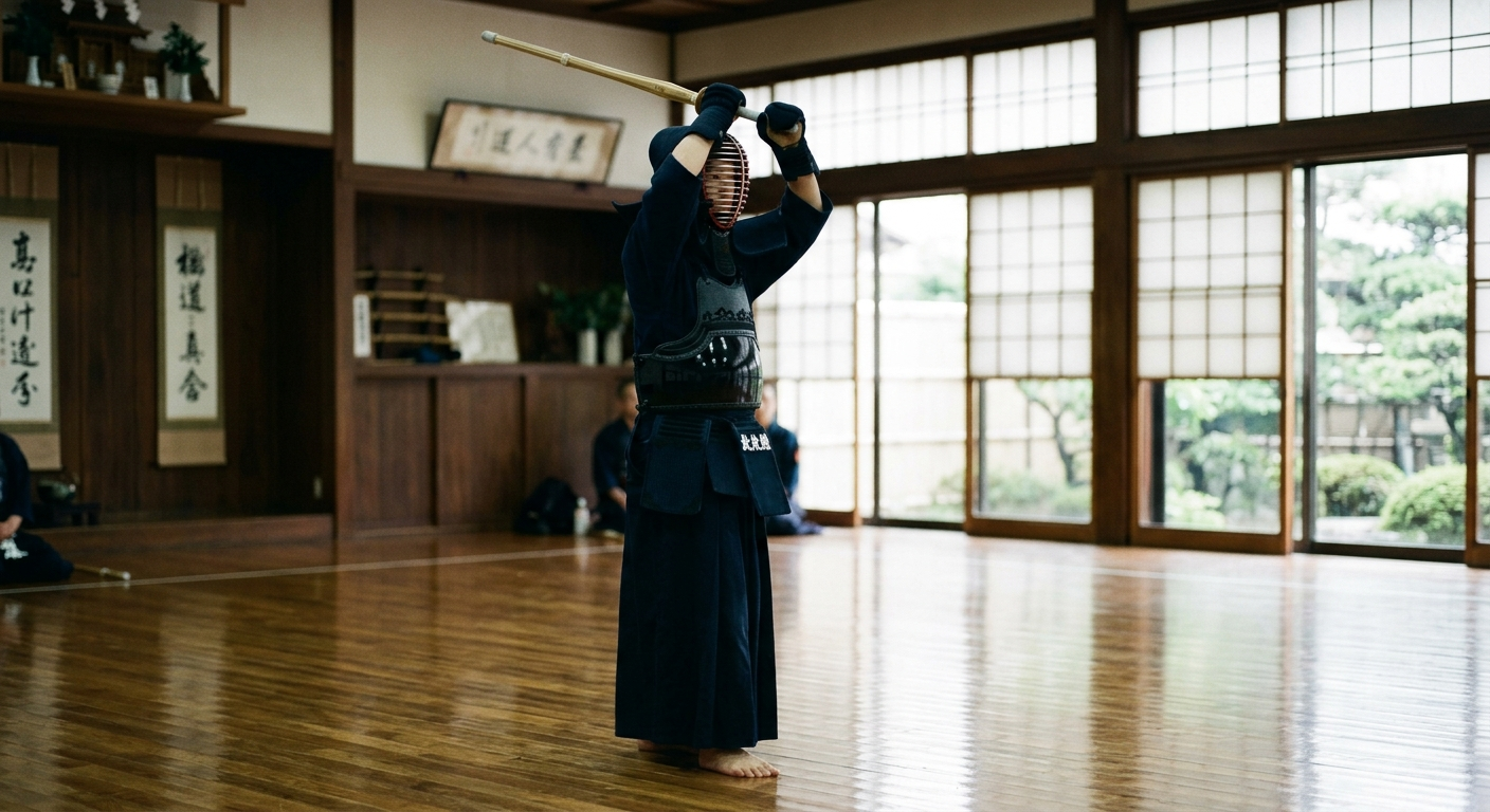 Practicante de kendō con armadura levantando el shinai en guardia, el espíritu del samurái en el siglo XXI