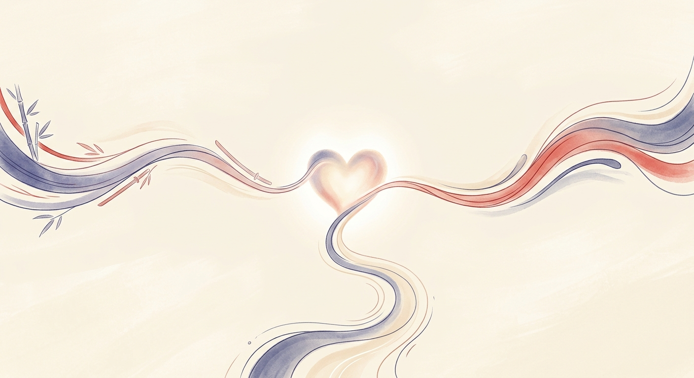 Ilustración minimalista de tres caminos que convergen en un corazón, tres caminos un mismo corazón