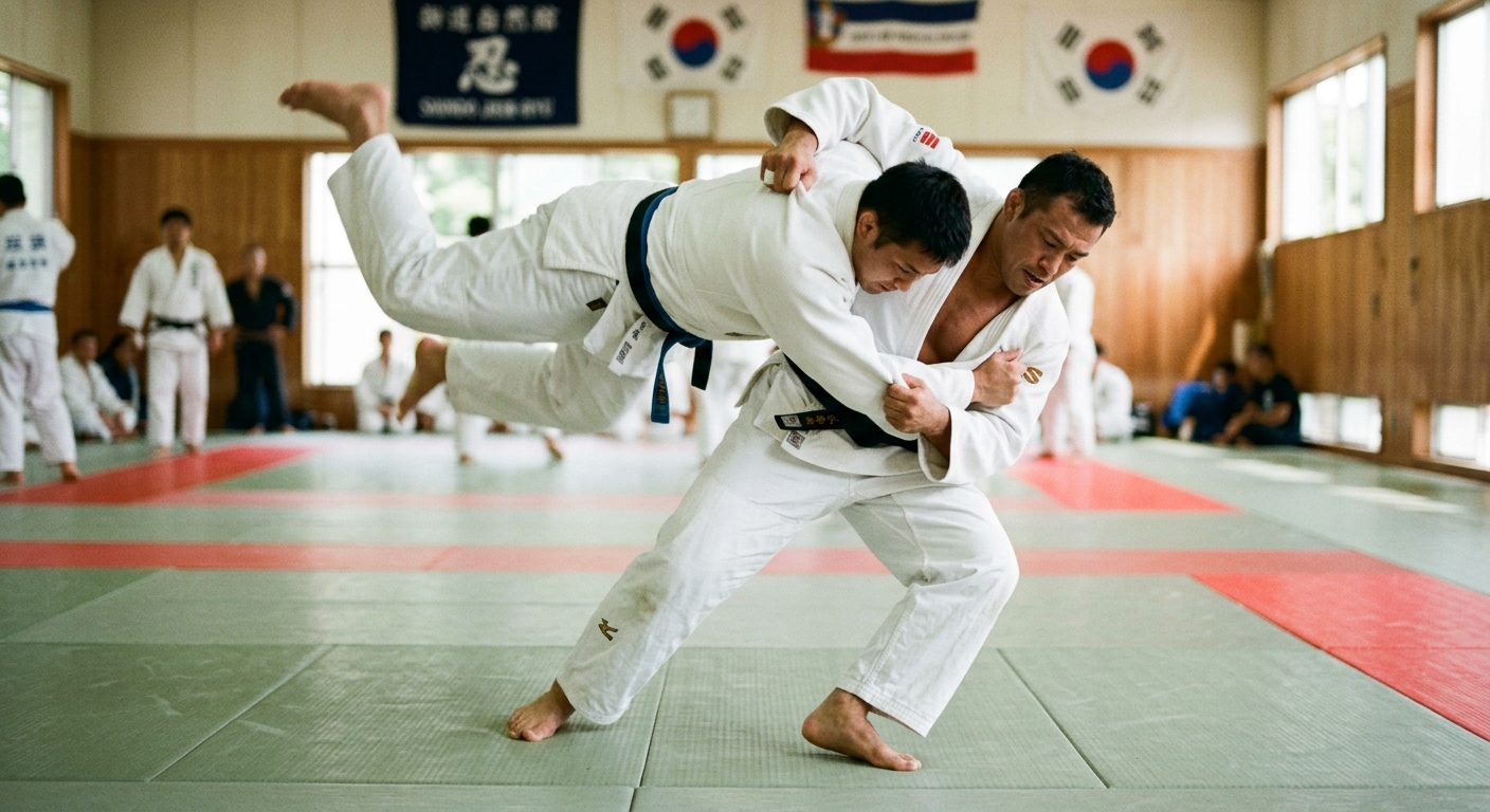 Dos judokas ejecutando una proyección sobre el tatami, el judō: el arte de la flexibilidad de Kanō Jigorō