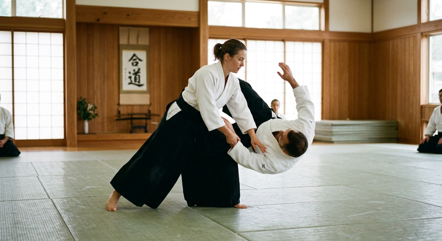 Practicante de aikidō en hakama redirigiendo a su compañero con un movimiento circular, el camino de la armonía de Ueshiba