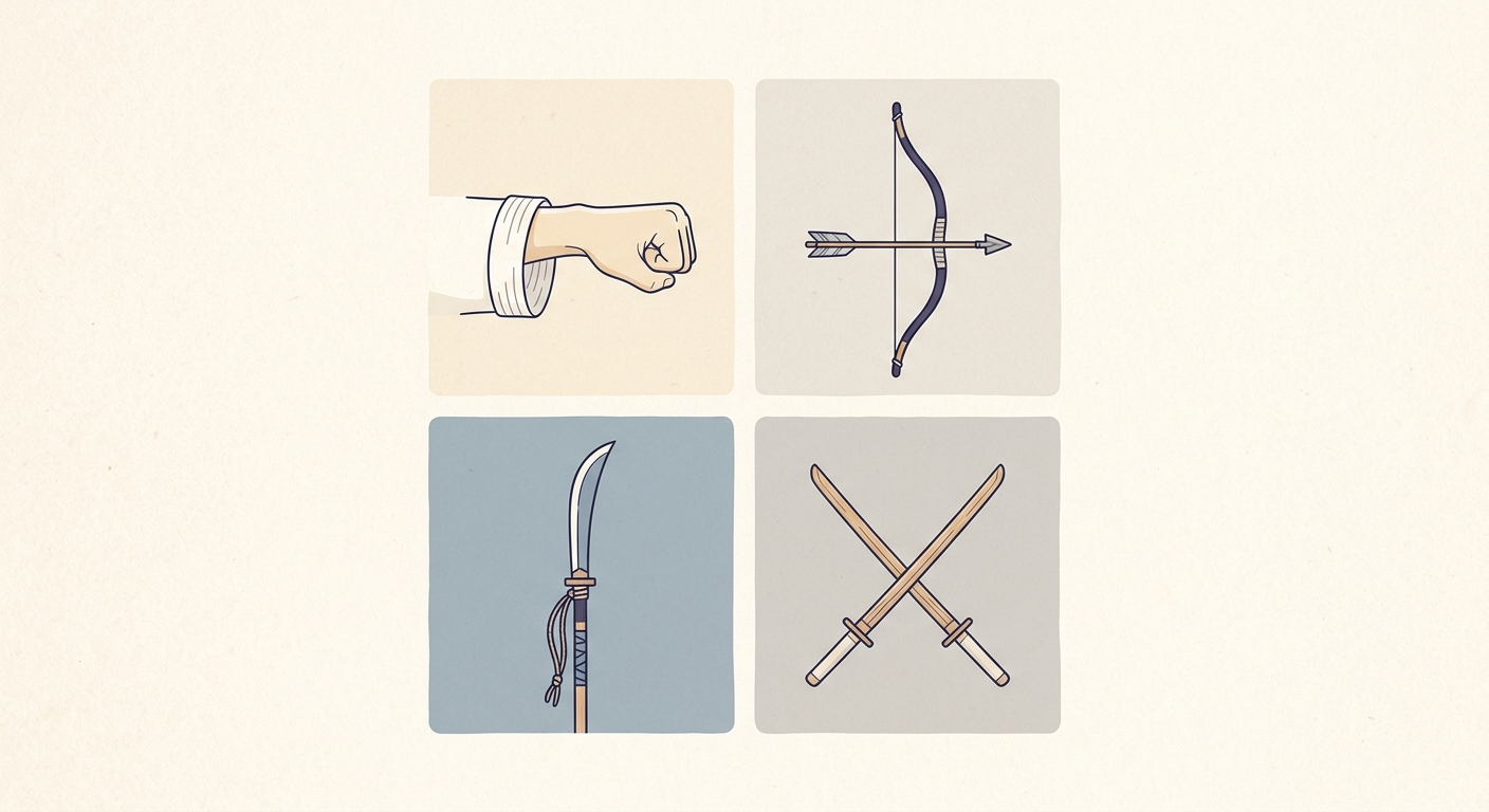 Ilustración minimalista de varias artes marciales japonesas como karate, kyudo y naginata, otras artes marciales importantes