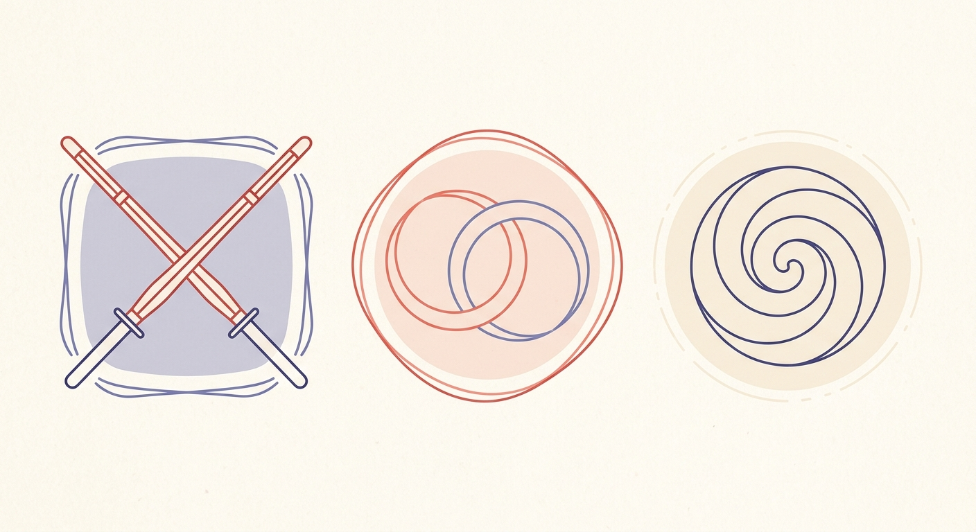 Ilustración minimalista comparando kendō, judō y aikidō con tres motivos distintos