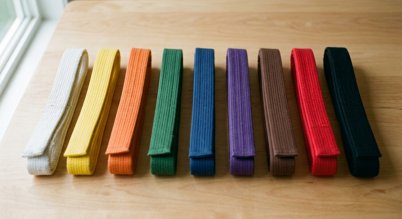 Cinturones de artes marciales ordenados del blanco al negro, el sistema de grados: una vida de aprendizaje