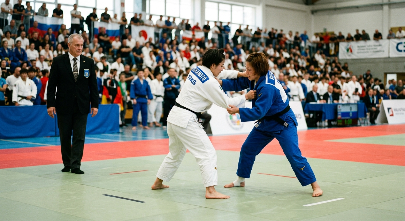 Combate de judō con árbitro en un torneo sobre el tatami, las competiciones y el aspecto deportivo