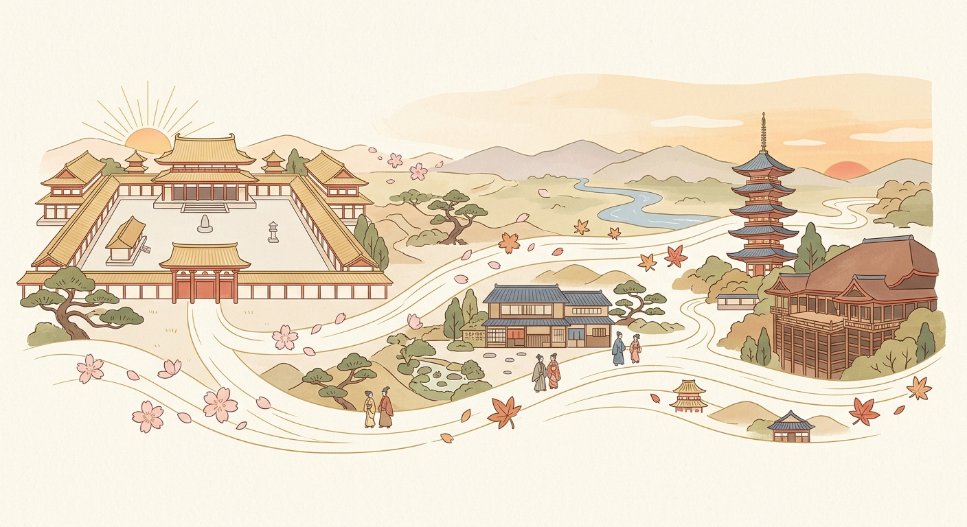 Ilustración minimalista de mil años de historia de Kioto como capital imperial