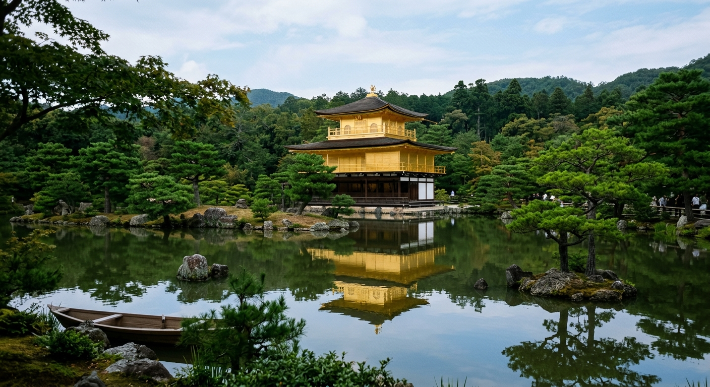 Templo budista dorado de Kioto reflejado en un estanque, los grandes templos budistas: el patrimonio de Kioto