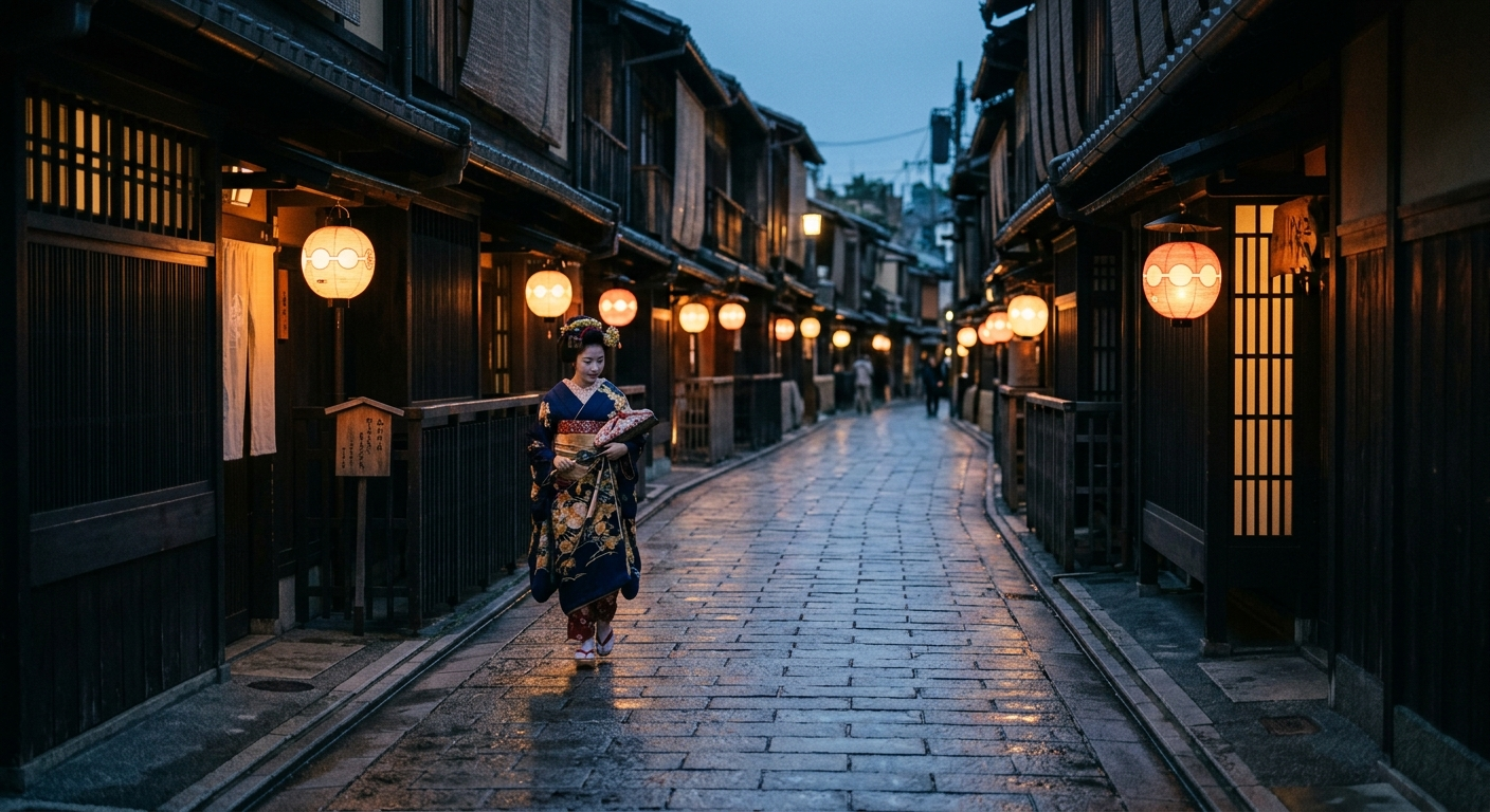 Geisha caminando por un callejón de Gion con farolillos al atardecer, los santuarios sintoístas y las geishas