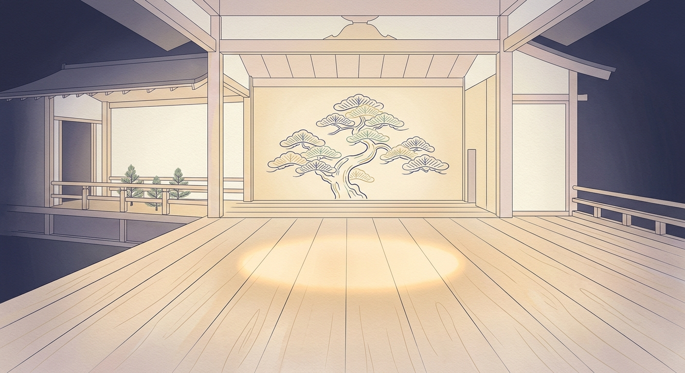 Ilustración minimalista de un escenario de nō vacío bañado en luz, lo que el silencio dice