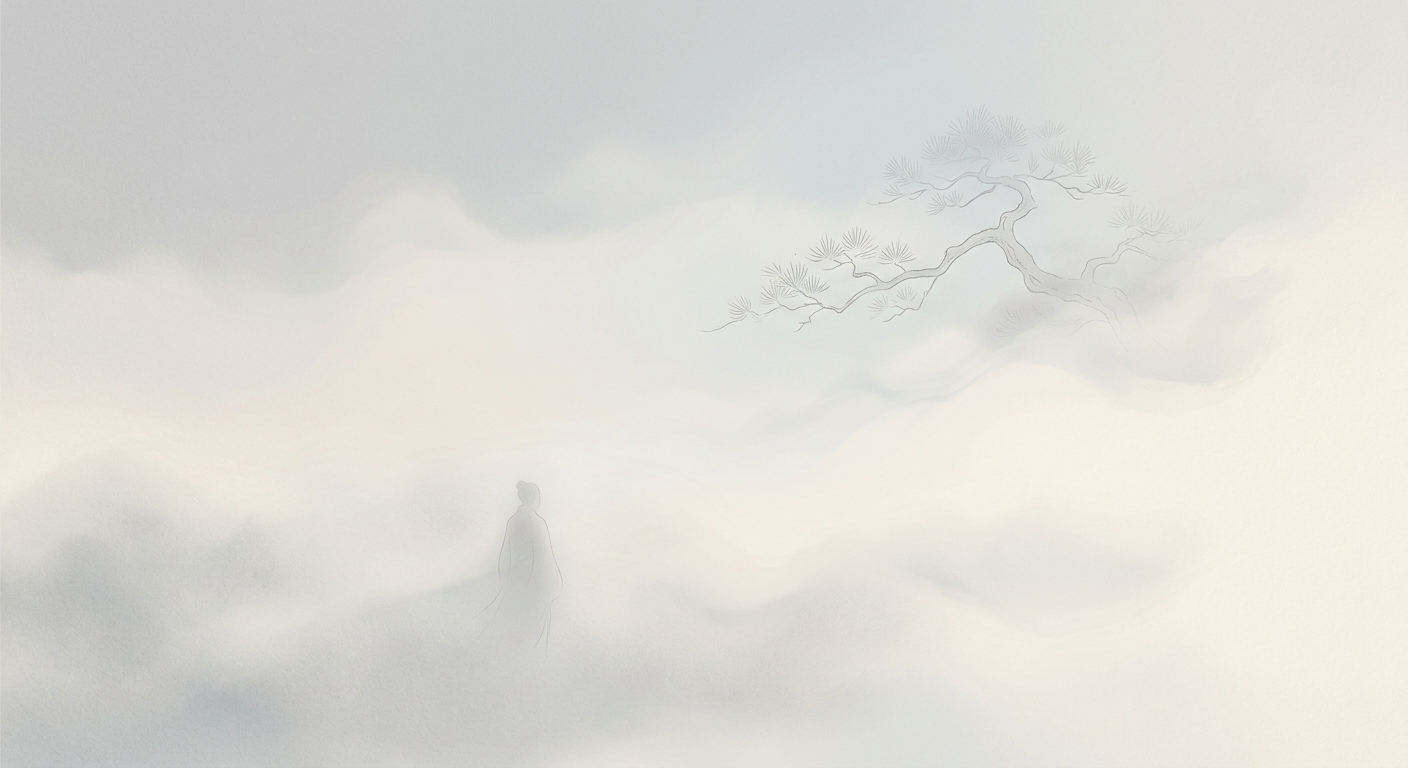 Ilustración minimalista evocando el yūgen, una figura apenas visible entre la niebla, los secretos de lo invisible