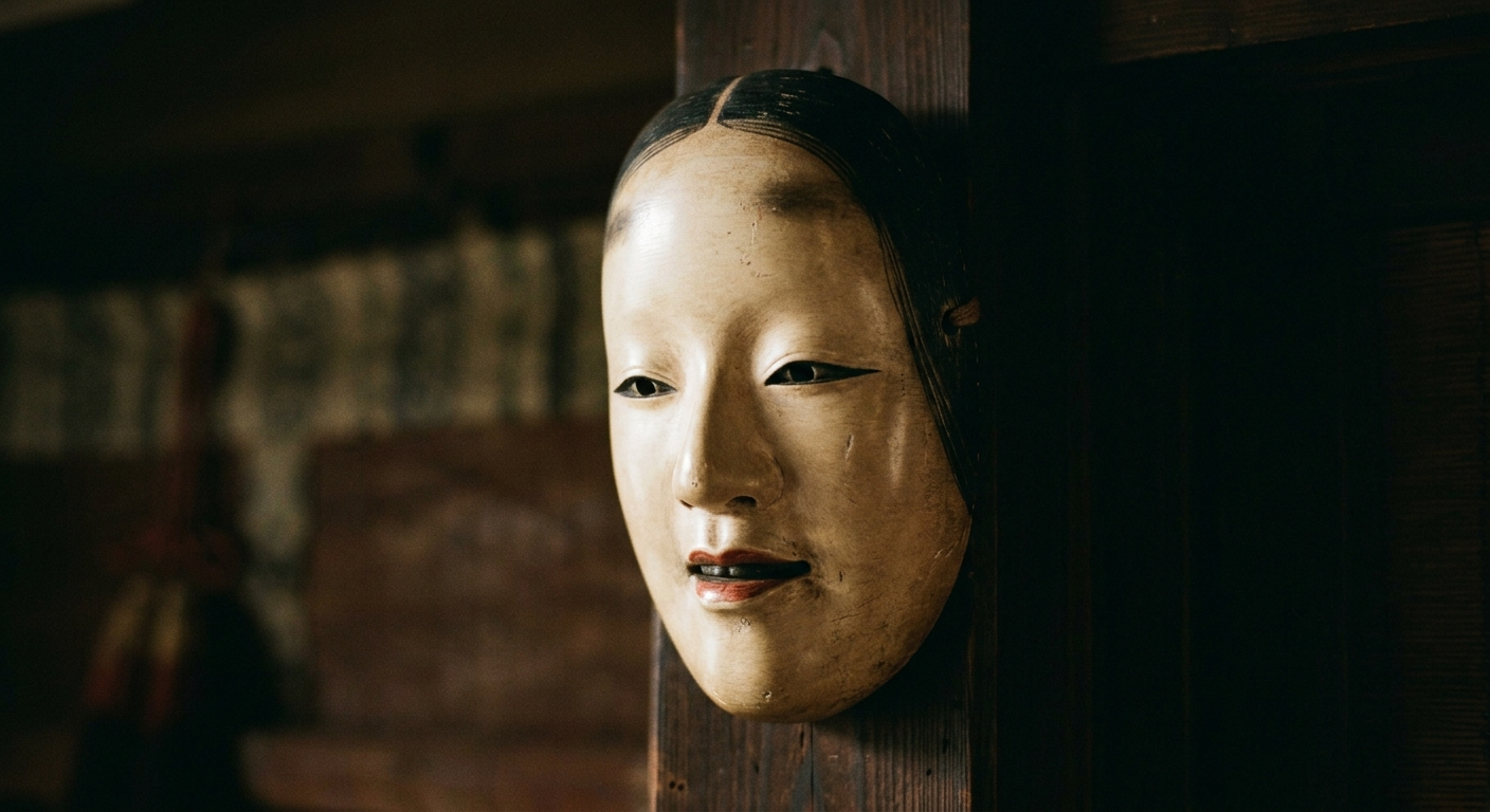 Primer plano de una máscara de nō tallada en madera, el rostro inmóvil que contiene todas las emociones