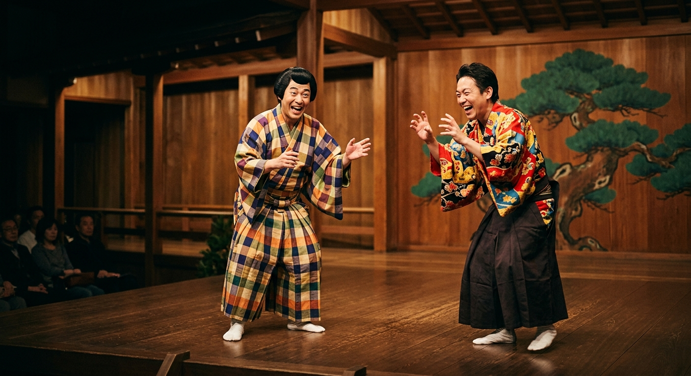 Dos actores de kyōgen en plena actuación cómica con gestos expresivos, la risa que sostiene al nō