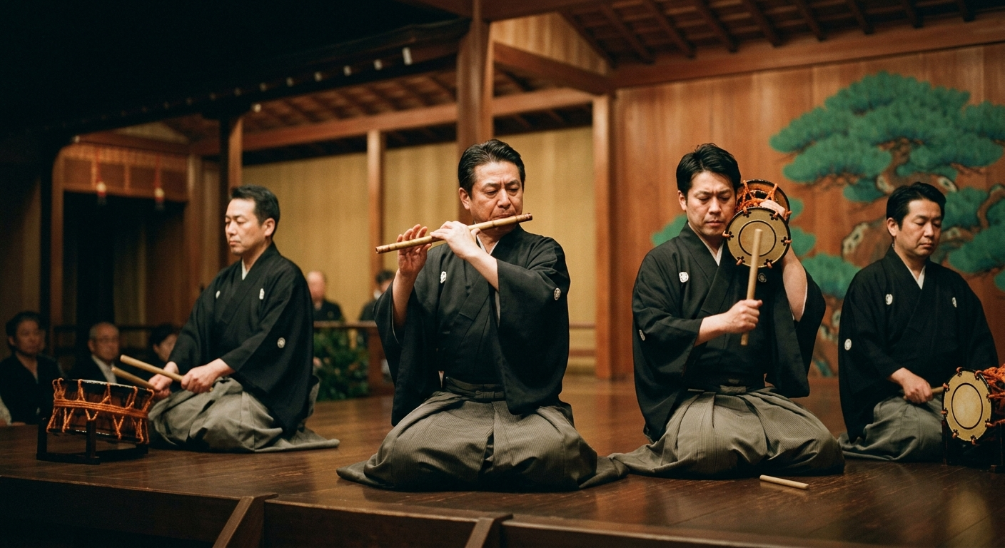 Músicos de nō tocando la flauta y los tambores en el escenario, el sonido del nō: voz, flauta y tambores